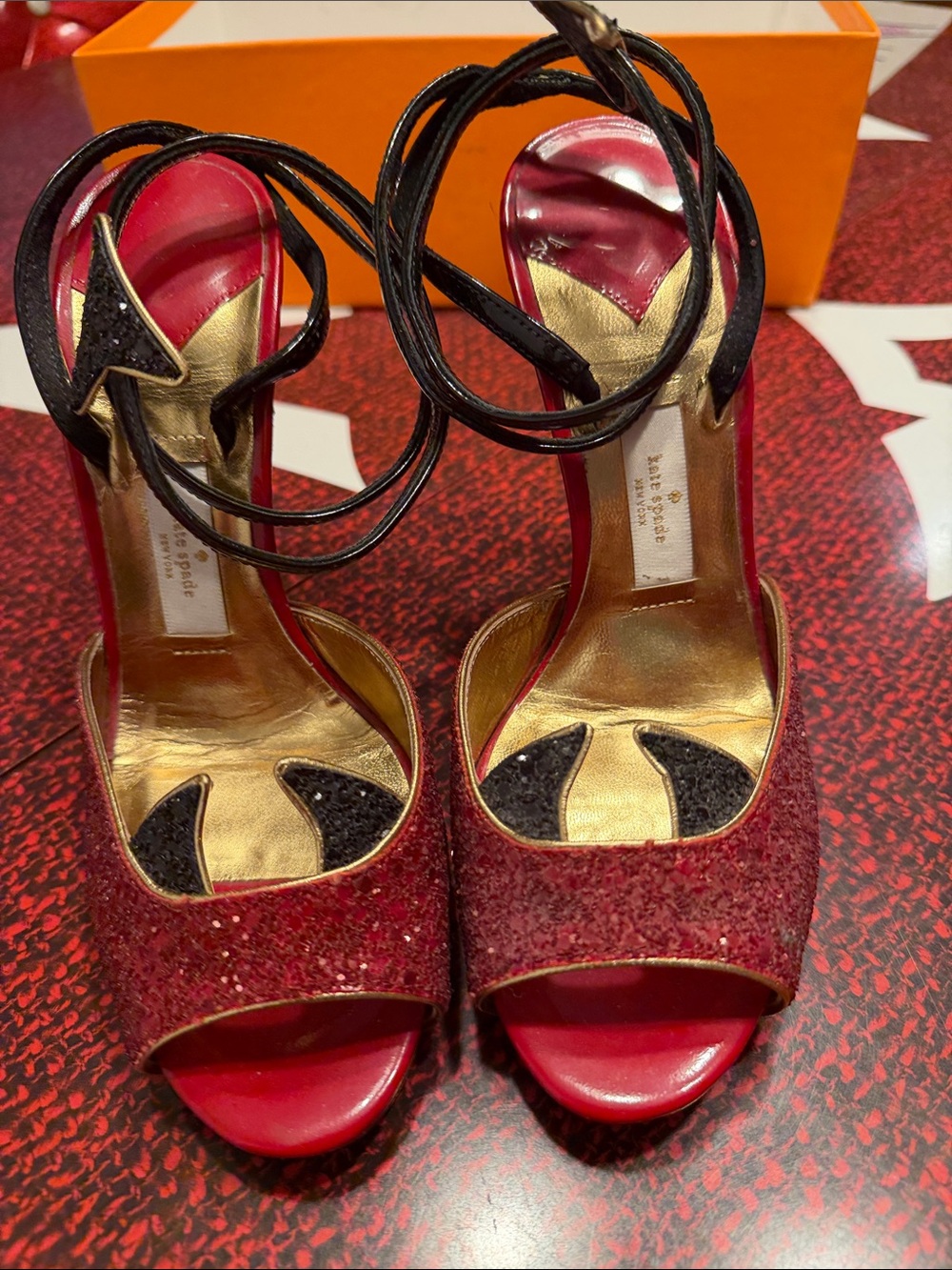 Vintage Kate Spade Convex Devil Red Glitter Open-Toe Ankle Strap Women's Heels